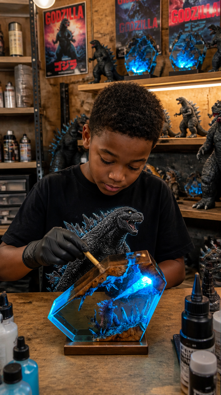 Camden painting a resin kaiju lamp