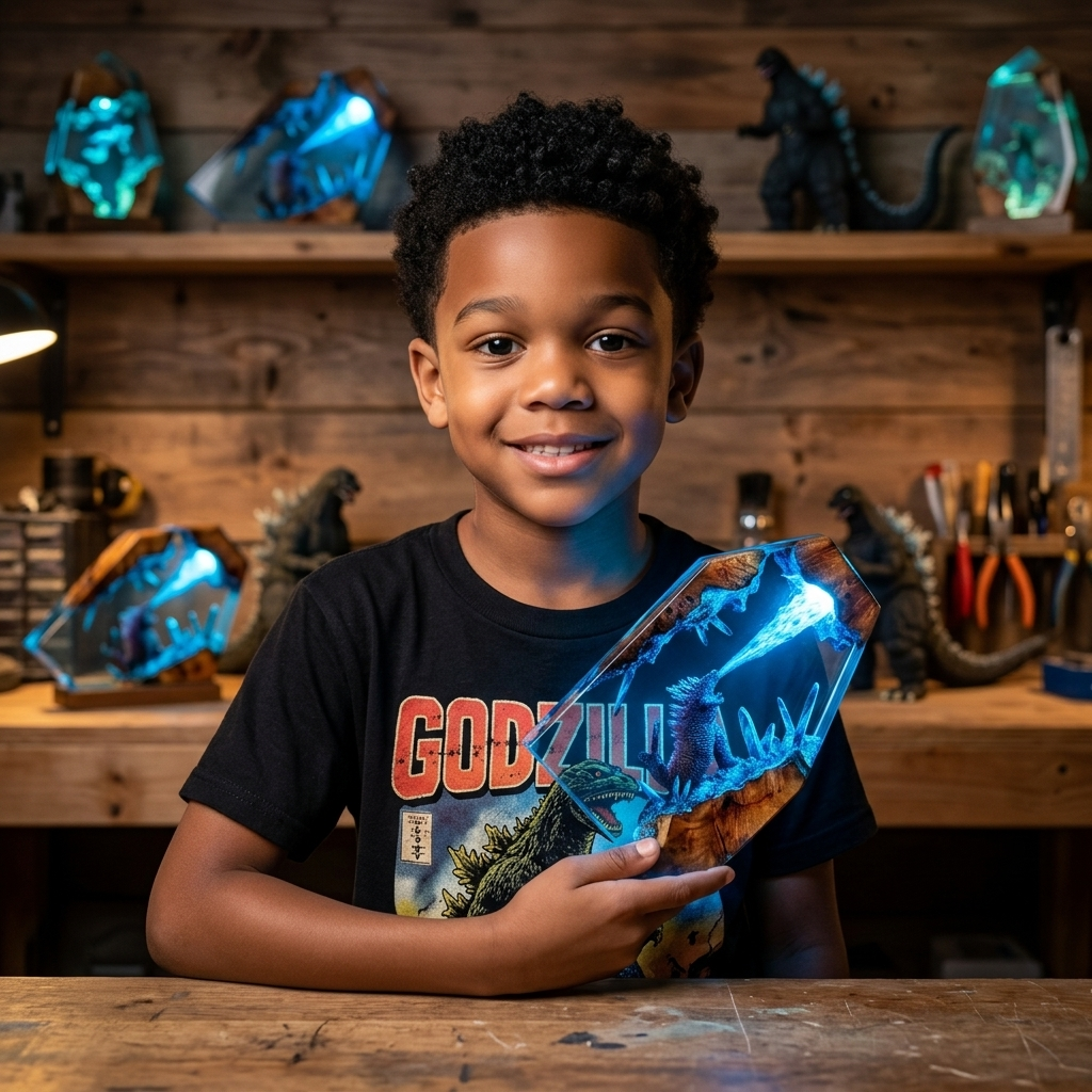 Camden holding a glowing Godzilla resin lamp